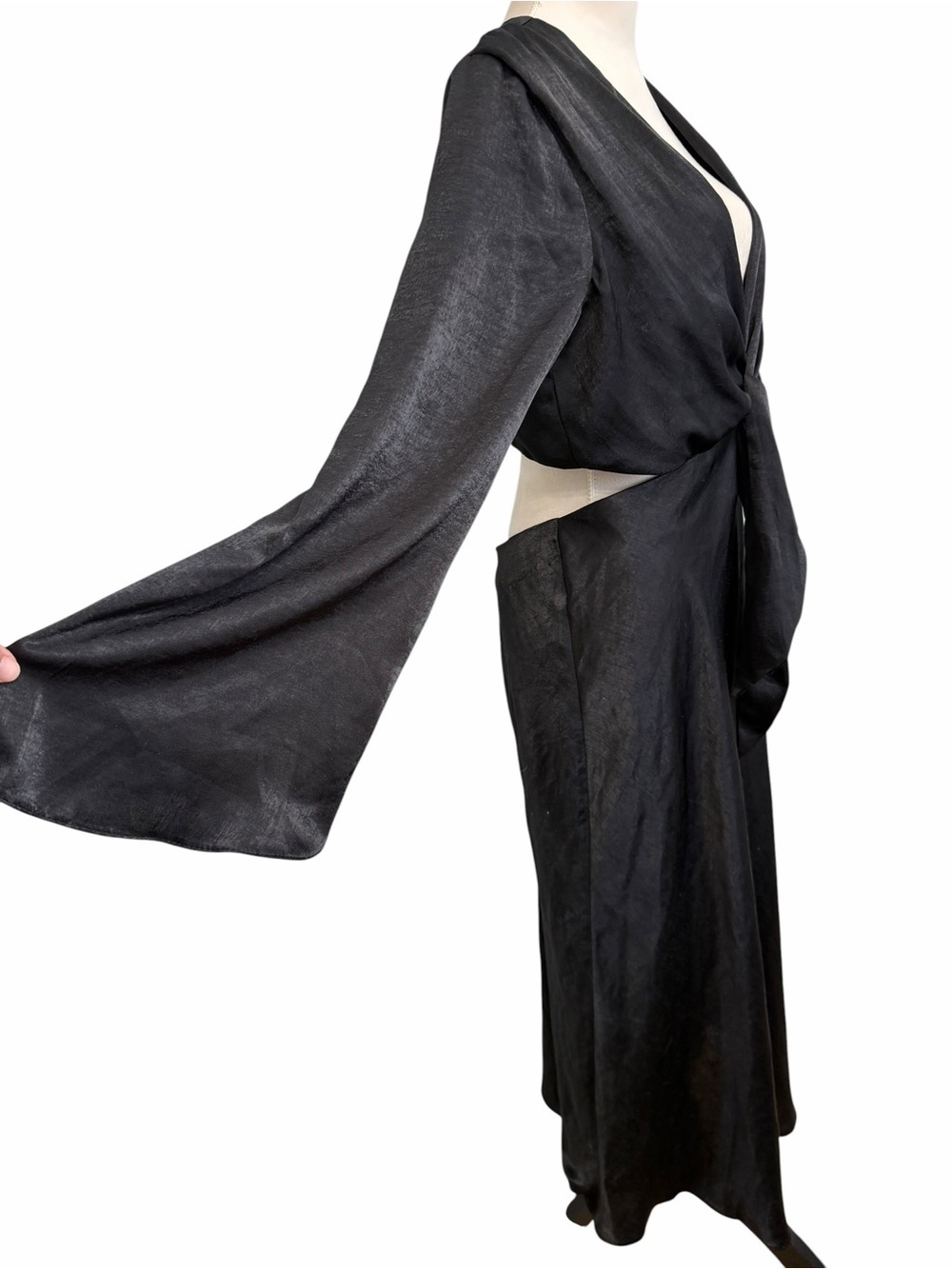 ASOS Black Satin Tie-Front Cut Out Midi Dress - Picture 6 of 9
